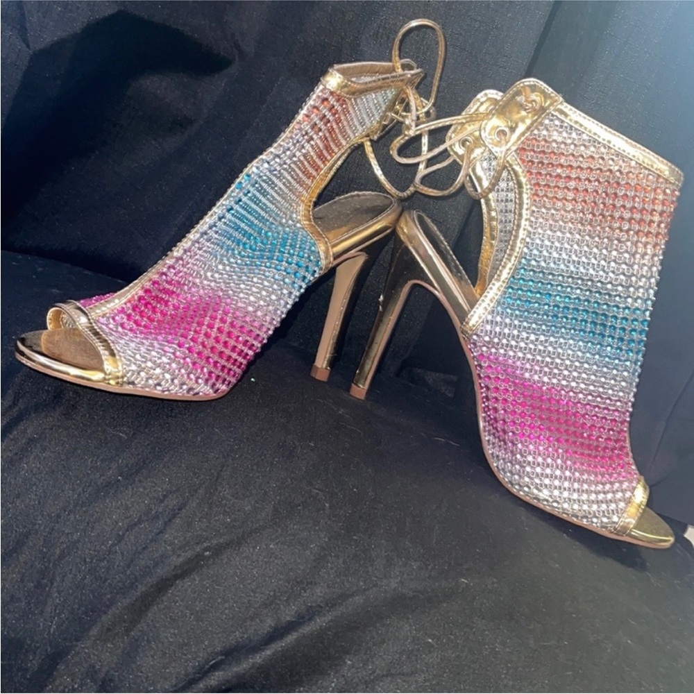 Liliana Multicolor Rhinestone Open-Toe Stiletto Booties